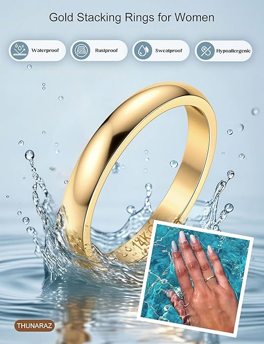 THUNARAZ 14K Gold Filled Rings Stacking Rings for Women Stackable Thin Gold Ring Plain Pinky Thumb Midi Statement Band Ring Comfort Fit 4Pcs 1mm 2mm 3mm 5mm