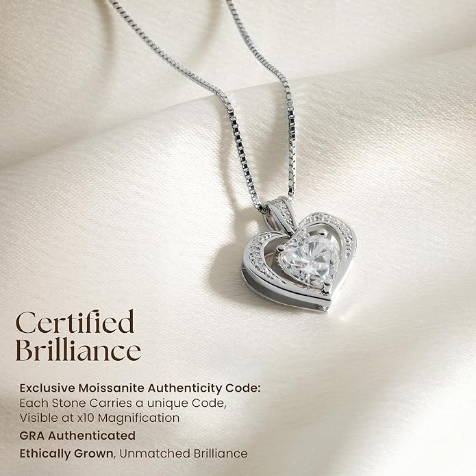 Moissanite Heart Necklace - 925 Sterling Silver Necklaces for Women | Birthday Gifts for Women, Christmas Gifts for Her, Jewelry Gift for Wedding, Anniversary, Valentine's Day Gift for Wife