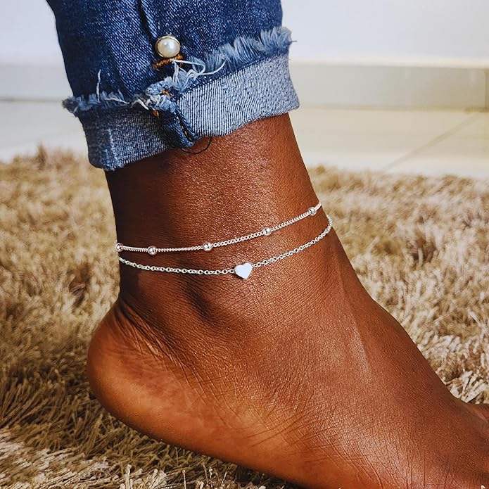 Ritach Ankle Bracelets for Women - Silver/Gold Plated Stainless Steel Anklets for Women Waterproof Layered Cuban Link Figaro Chain Heart Anklets Set Summer Beach Jewelry Gifts