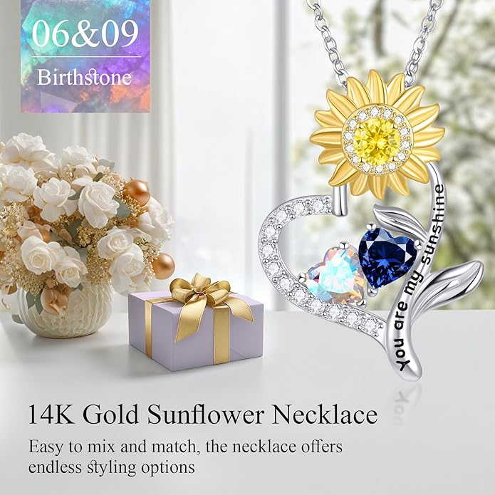 PERJI Valentine's Day Gifts for Women - 925 Sterling Silver Double Birthstone Sunflower Necklace, Anniversary Birthday Jewelry You are My Sunshine Gifts for Wife Couple Girlfriend 18"+2" Non Tarnish