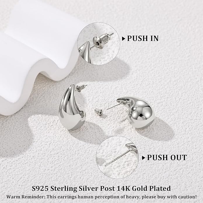 Gacimy Teardrop Earrings Dupes for Women 14K Gold Plated, Chunky Drop Earrings for Women with 925 Sterling Silver Post