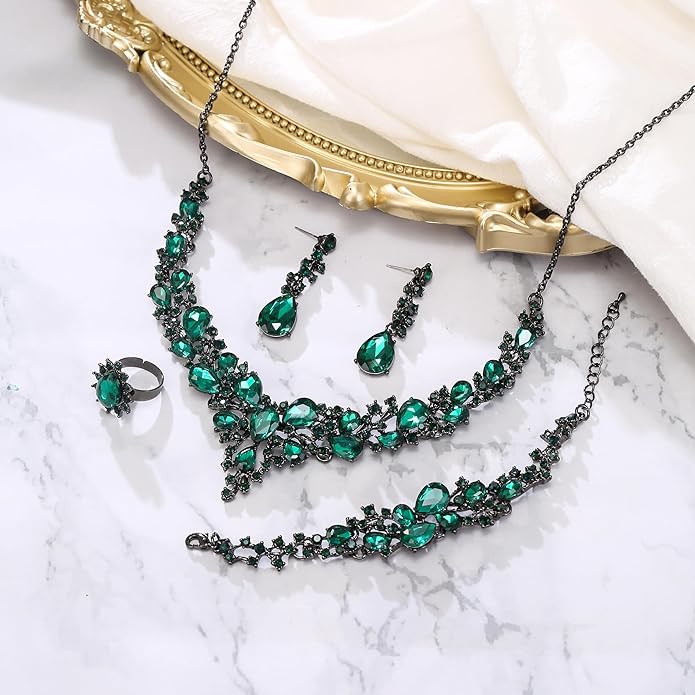 BriLove Wedding Bridal Jewelery for Women Austrian Crystal Teardrop Cluster Statement Necklace Dangle Earrings Link Bracelet Set