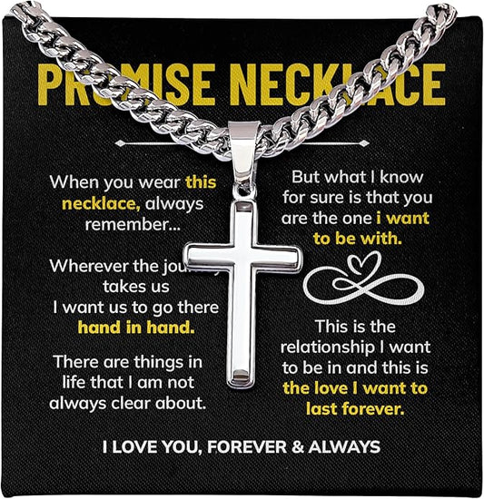 FLAGISTA Promise Cross Necklace for Him – Stainless Steel Cross Pendant with Cuban Link Chain, Meaningful Promise Gift for Husband, Boyfriend or Loved One.