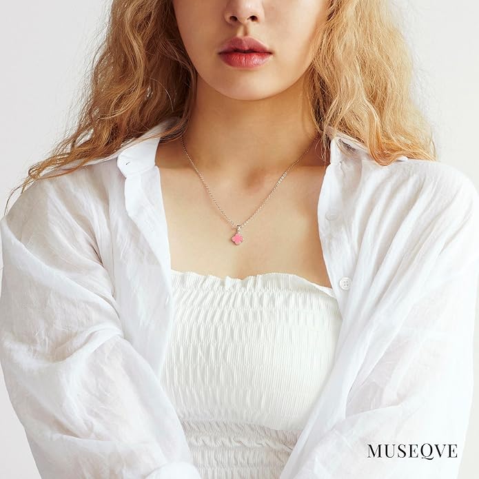 MUSEQVE Four Leaf Clover Necklace for Women Dainty Mother of Pearl White Black Onyx Pink Blue Mint Green Crystal Lucky Clover Pendant 14K Gold Plated Jewelry Gifts [CVRN]