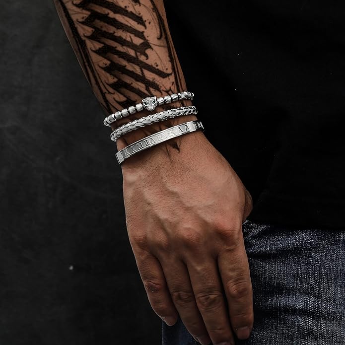 WFYOU 3PCS Stainless Steel Bracelets for Men Gold Roman Numeral Bangle Bracelet Twisted Cable Bracelet Adjustable Cuff Bracelet Mens Luxury Jewelry Bracelets Gifts
