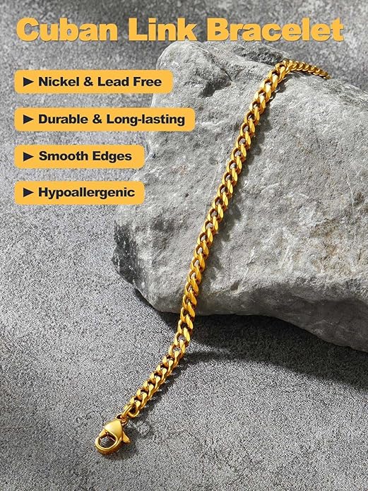 U7 Link Bracelets for Men, Cuban Link/Rope/Watch Band Solid Bracelet, Silver Black Gold Color Wrist Bracelet 3/6/9/12/15mm Width, 6.5/7.5/8.3 Inch Length, Hand Chain Jewelry for Mens Women