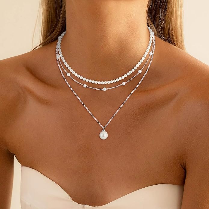 Pearl Necklaces for Women Trendy, 18K Gold/Silver Plated Layered Pearl Necklace Dainty Pearls Choker Necklace and Earring Set Simple Pearls Bracelets Wedding Prom Gold Jewelry for Women Gifts