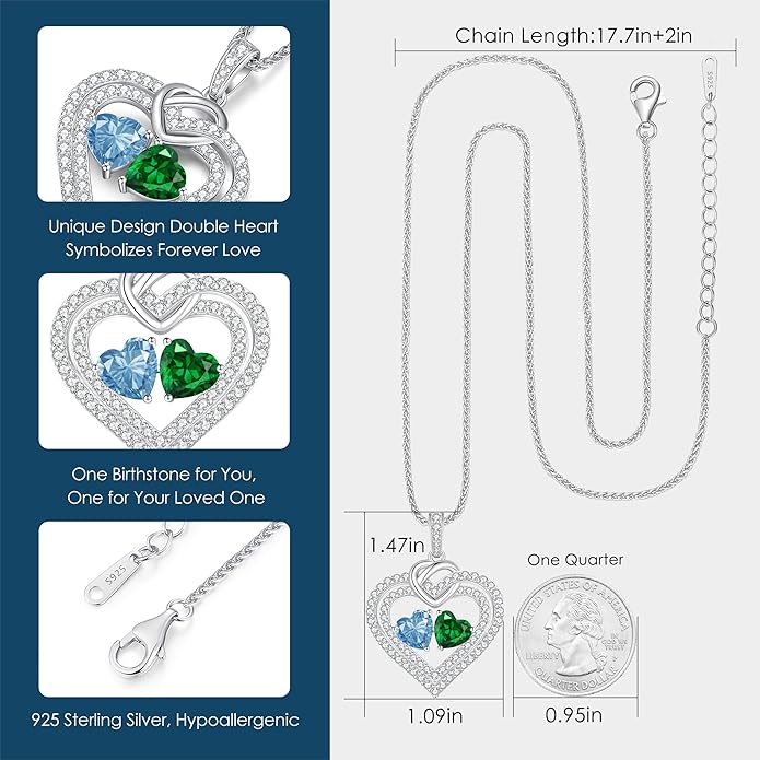 LOUISA SECRET Sparkling Double Heart Birthstone Necklaces for Women, 925 Sterling Silver Fine Jewelry, Pendant Heart Necklaces Birthday Anniversary Christmas Gift for Women Wife Mom Girlfriend Lady