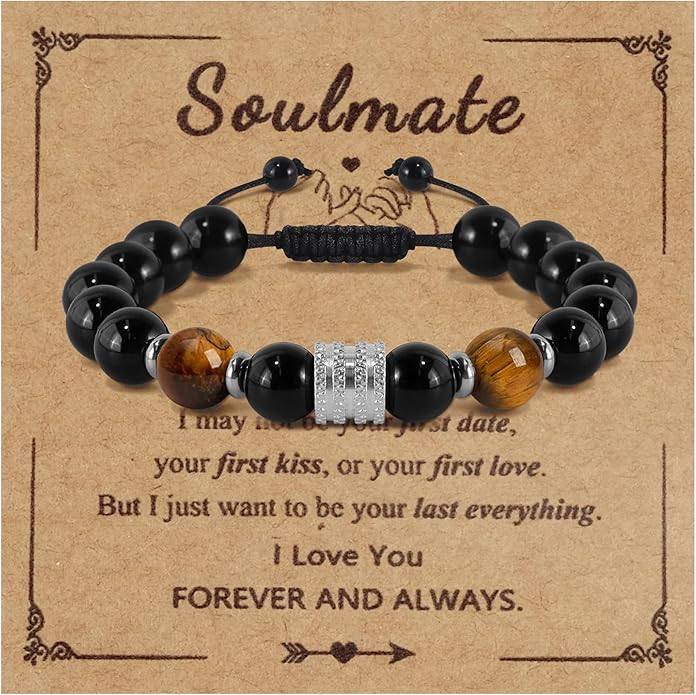 Hamoery Bracelets for Men Natural Tiger Eye Stone Beads Braided Rope Bracelet Gift for Dad Husband