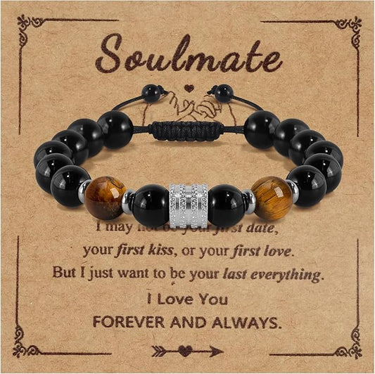 Hamoery Bracelets for Men Natural Tiger Eye Stone Beads Braided Rope Bracelet Gift for Dad Husband