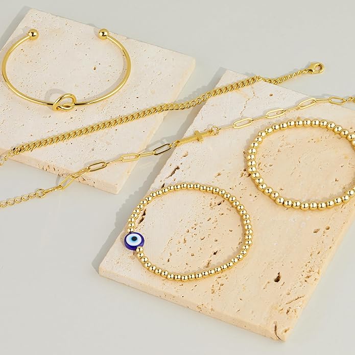 Gold Bracelets for Women Non Tainish,Dainty Bracelets Stack for Women Trendy, Gold Plated Cuff Bracelets Stack With Beaded Cuban Paperclip Snake Rope Bangle Hand Chain Jewelry Gifts for Women