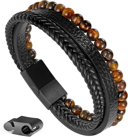 Gifts for Men - Layered Leather Beads Bracelet, Tiger Eye Lava Rock Stone Braided Leather Bracelets for Men Adjustable Magnetic Clasp Birthday Gifts