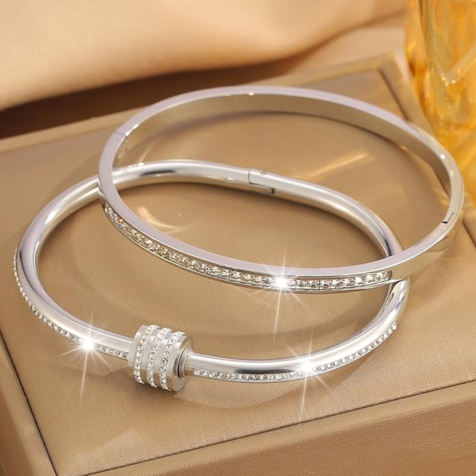 Silver Bangles for Women - Stainless Steel Love & Friendship Bracelet Set with Gift Box | Daily Wear & Party Jewelry