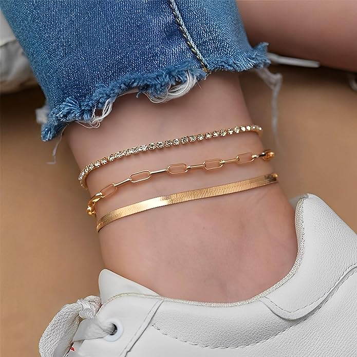 iF YOU Gold Ankle Bracelets for Women, 14k Gold Plated Waterproof Cuban Link Chain Anklets Set, Layered Anklet Bracelets for Women Beach Gift Adjustable Size 5pc