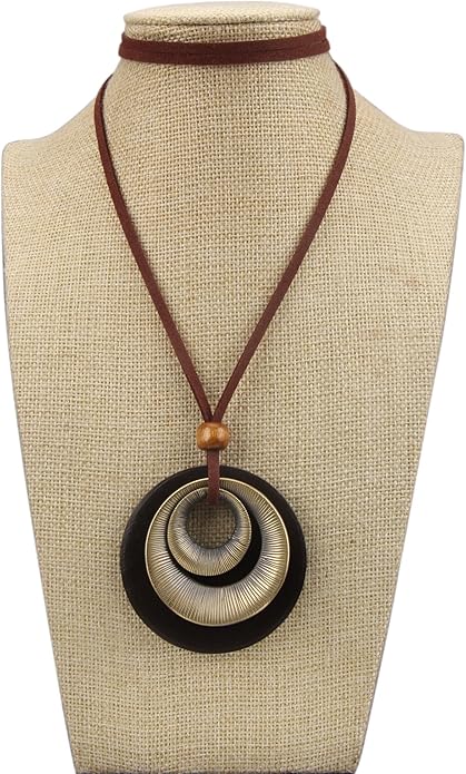 Long Boho Necklaces for Women Vintage Leather Wooden Pendant Y Choker Ethnic Style Gold Circle Hippie Sweater Necklace