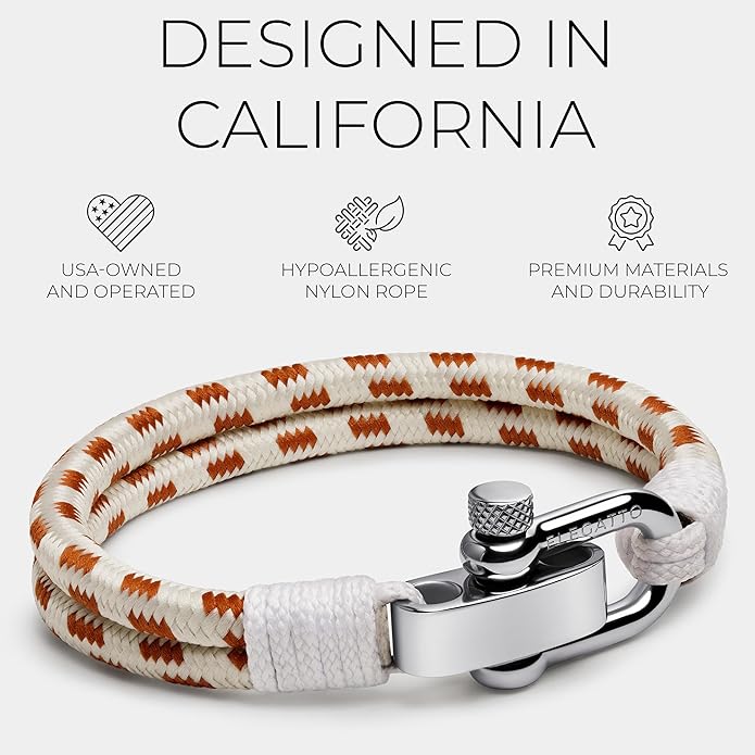 Elegatto Duetto Platinum Rope Bracelet for Men | Double Nautical Nylon Cord with Silver Polished Stainless Steel Shackle Clasp | Waterproof and Fade-Resistant