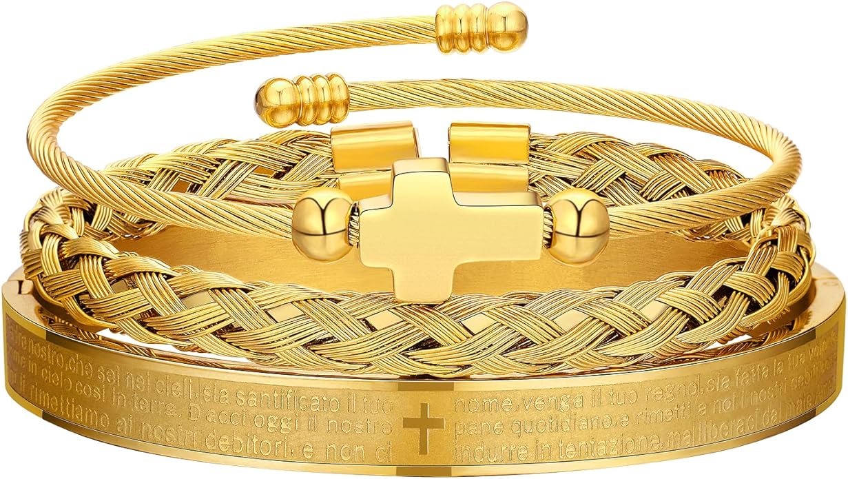 WFYOU 3PCS Stainless Steel Bracelets for Men Gold Roman Numeral Bangle Bracelet Twisted Cable Bracelet Adjustable Cuff Bracelet Mens Luxury Jewelry Bracelets Gifts