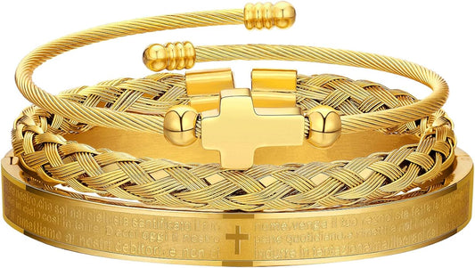 WFYOU 3PCS Stainless Steel Bracelets for Men Gold Roman Numeral Bangle Bracelet Twisted Cable Bracelet Adjustable Cuff Bracelet Mens Luxury Jewelry Bracelets Gifts