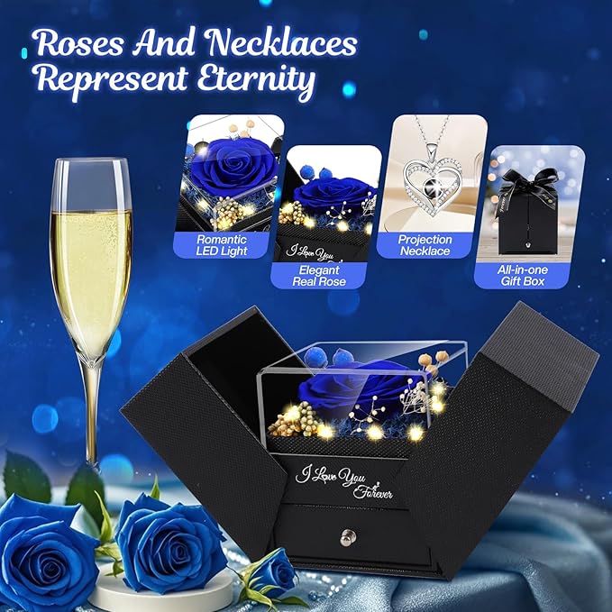 Preserved Blue Real Rose Flowers in Box with I Love You in 100 Languages Necklace - Unique Gift for Women Mom Wife Girlfriend on Mother's Day Valentine's Day, Birthday, Christmas