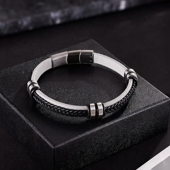 Leather Bracelet for Men with Adjustable Stainless Steel Magnetic Clasp Multi-Layer Braided Mens Leather Bracelet