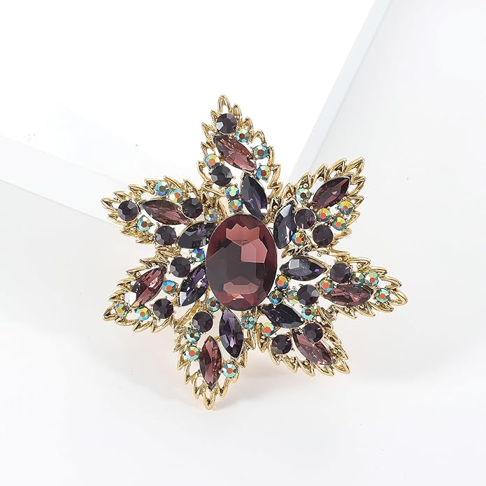 YOQUCOL Vintage Austrian Crystal Rhinestone Flower Shape Big Large Brooch Pin For Women Grils Golden Tone