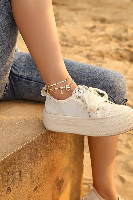 Initial Ankle Bracelets for Women Waterproof 14K Gold Plated Dainty Layered Figaro Chain Letter Initial CZ Heart Ankle Bracelets Set Summer Beach Jewelry for Women