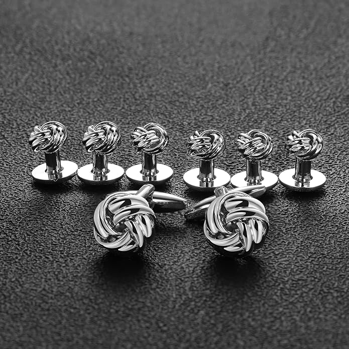 HAWSON Knot Cufflinks and Shirt Studs for Men in Gold or Silver Tone, Matching with White and Black Tuxedo, Suitable for Wedding Day or Formal Occasion.
