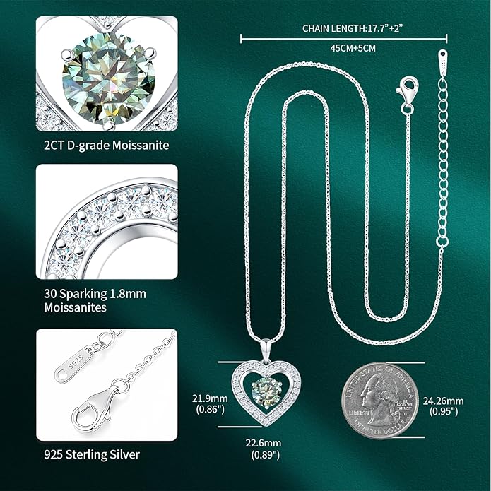 31-Stone Birthstone Heart Necklace for Women | 2ct Moissanite & 30 Sparkling Accents | Valentine's Day, Birthday,Mother's Day, Christmas Gift for Wife, Mother, Girlfriend