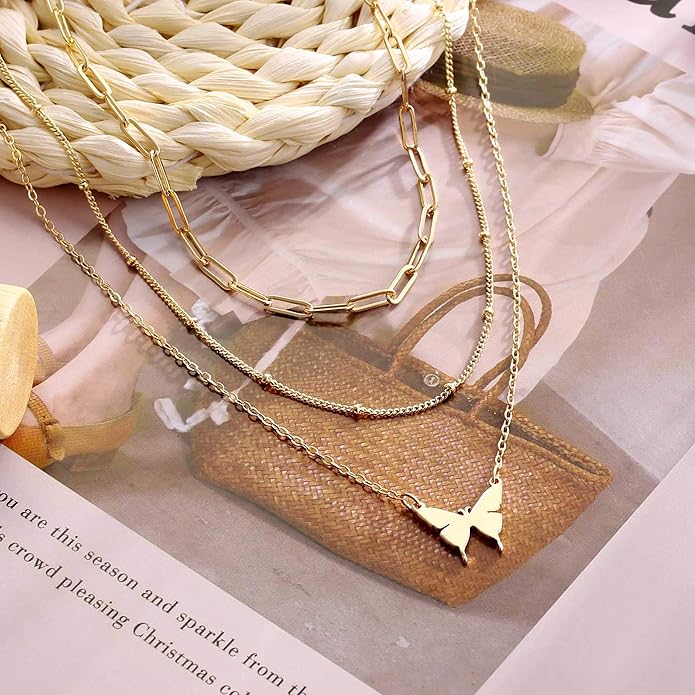 Turandoss Dainty Layered Choker Necklace, Handmade Y Pendant Necklace Multilayer Bar Disc Necklace Adjustable Layering Choker Necklaces for Women