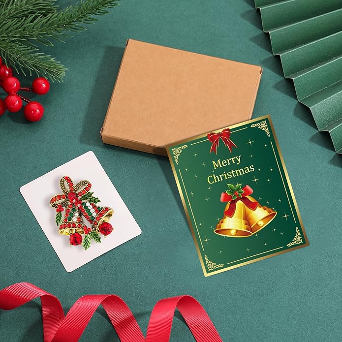 FERVENT LOVE Vintage Christmas Bowknot Double Bells Brooch with Green Leaves and Colorful Rhinestones for Women