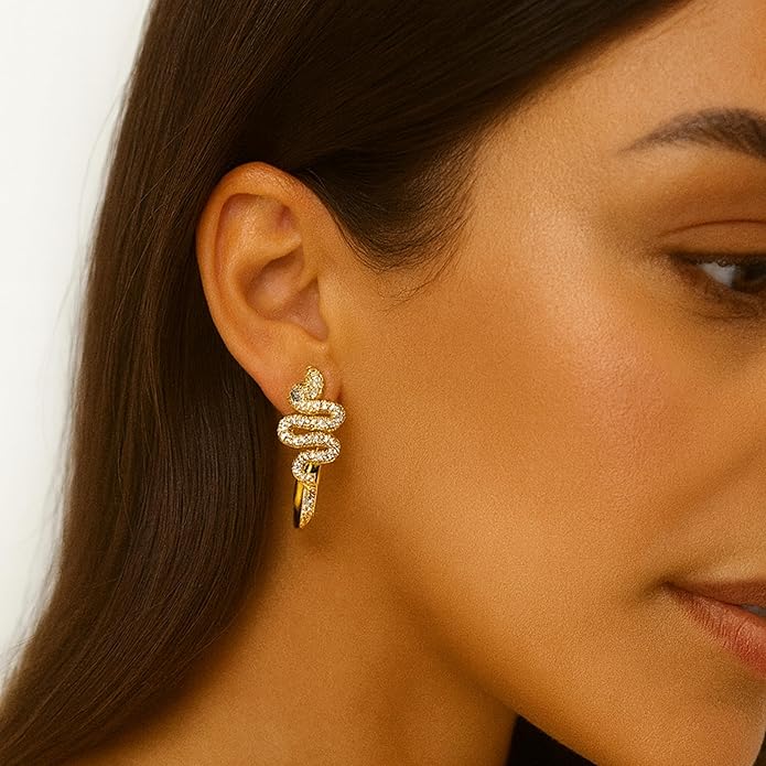 Gold Snake Hoop Earring with Cubic Zirconia – 20mm Elegant Serpent Design for Women – Hypoallergenic Fashion Jewelry.KT0037