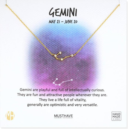 Zodiac 18K Gold Plated CZ Necklace With Message Card, Yellow Gold Color, Anchor Chain, Best Gift Necklace, Size 16 inch + 2 inch Extender, Pendant, Constellation, Gift Card