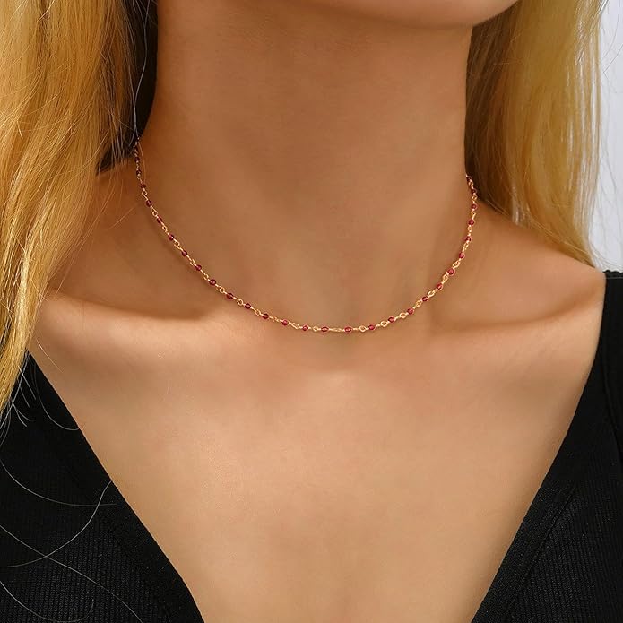 MTMY Beaded Necklaces for Women 14K Gold Plated Dainty Colorful Green/Rose Beaded Pearl Choker Necklace Delicate Boho Choker Necklace Jewelry Gift