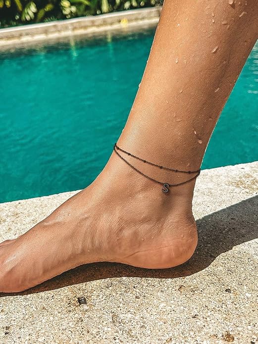FaithHeart Initial Ankle Bracelets for Women, Waterproof 14k Gold Plated Initial Anklets Non Tarnish Stainless Steel Layered Anklet Summer Beach Foot Jewelry