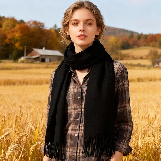 WASALUYA Wool Scarf for Women & Men, 100% Wool Scarves Wrap Shawl with Tassels, Elegant Soft Winter Scarf for Fall and Winter