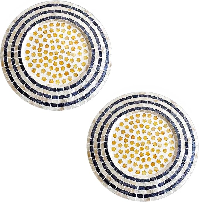 i-lan Set of 2 Mother of Pearl Charger Plates, 13 Inch Dark Blue Capiz Shell Inlay Wood Decorative Placemats for Dining Table, Modern & Rustic Table Setting for Party, Wedding and Home Decor