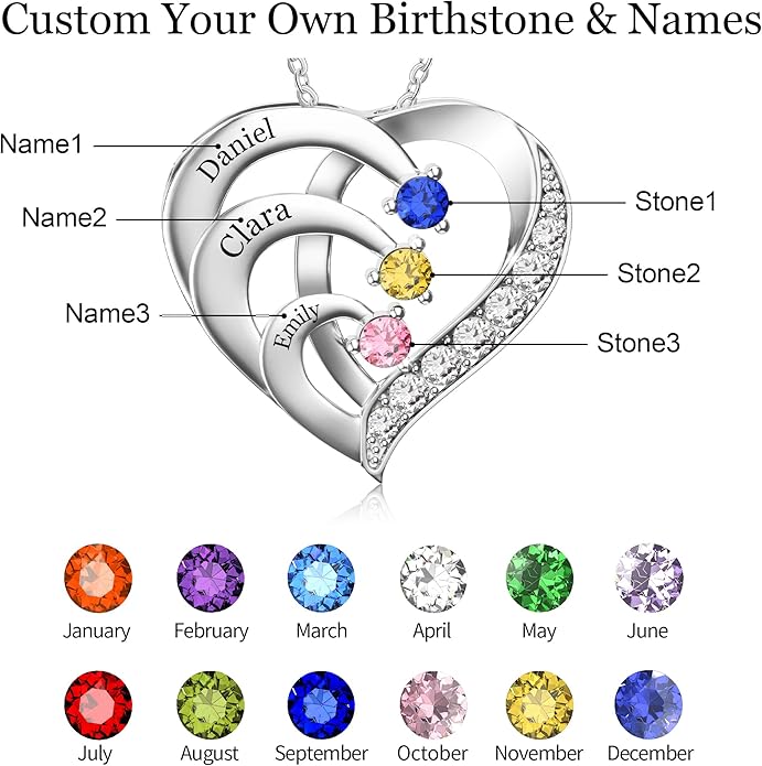 Easycosy Custom Name Necklace with Simulated Birthstones Customized Promise Necklace Heart Pendant with Engraved 2-6 Names - Anniversary Birthday Christmas Jewelry Gifts for Women Wife Mom Grandma