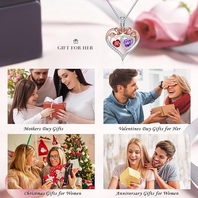 Iefil Double Birthstone Necklace Gifts for Wife Girlfriend Her Women, Birthstone Jewelry Gemstone Valentines Birthday Gifts for Her Women Wife Mom Grandma