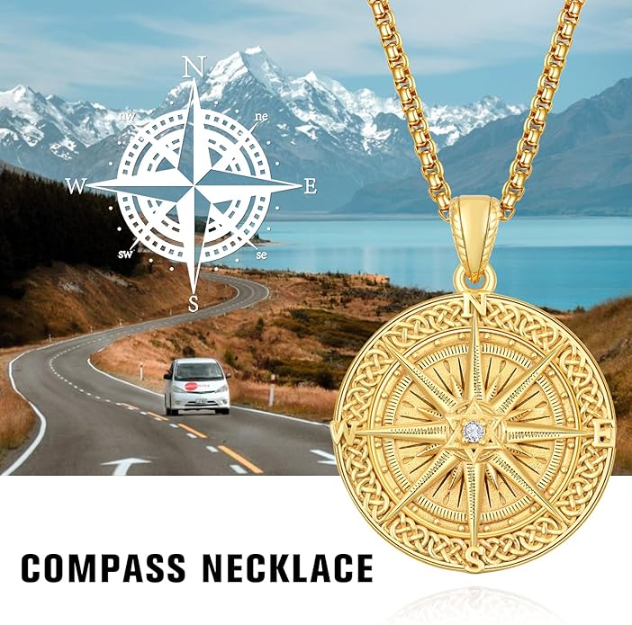 KINGWHYTE Compass Necklace for Men 925 Sterling Silver Birthday Gifts Graduation Travel Jewelry for Husband Brother with Stainless Steel Chain