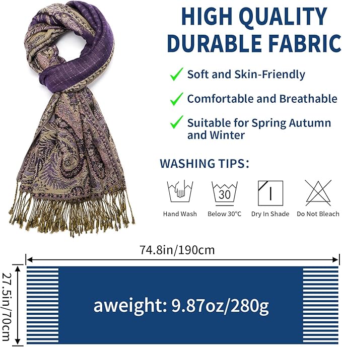 QIUTIMIY Paisley Pashmina Shawl Wrap Women Reversible Vintage Jacquard Pashmina Rave Scarf with Fringe for Evening, Wedding