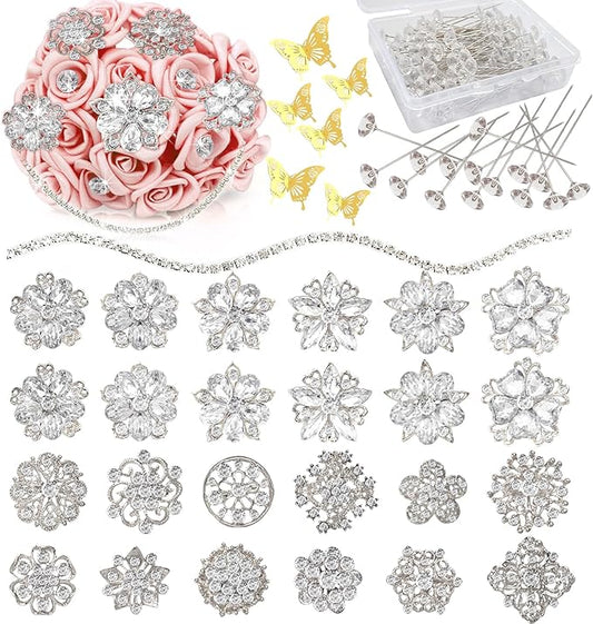 Yhsheen Rhinestone Brooches Bouquet Pins Corsage Boutonniere Pins Crystal Brooch Diamond kits for Wedding Accessories Jewelry Decoration DIY Craft Sewing(Silver)