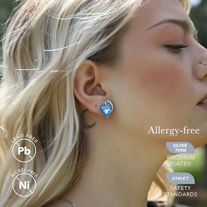 Earrings for Women, Mothers Day Gift for Mom, Heart Birthstone Crystal Stud Earring, Silver Plated Birthday Jewelry