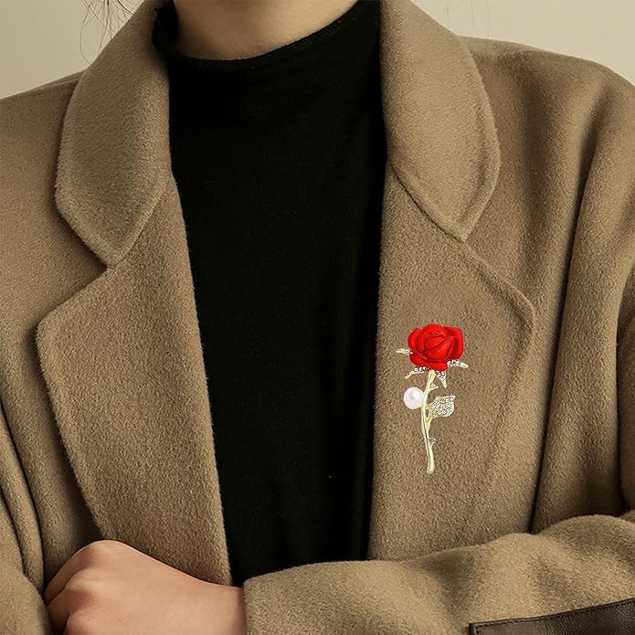 Just Follow Red Rose Flower Brooch with Rhinestones Sparkling Floral Pin for Women Vintage Blazer Jacket Dress Hat Scarf Accessory