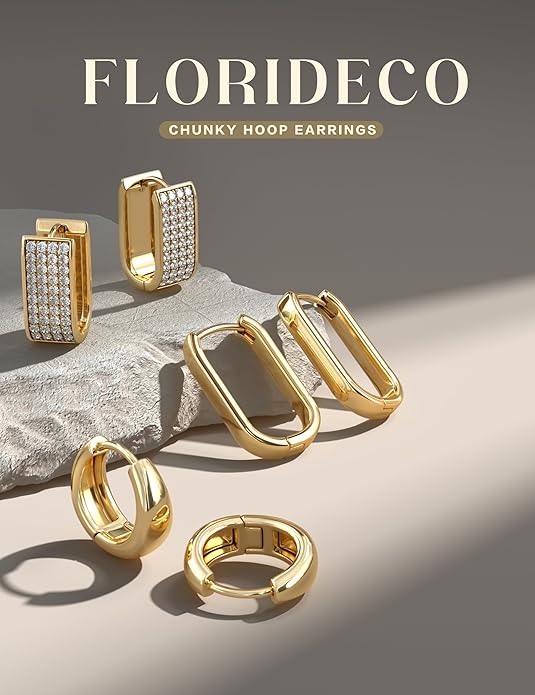 Florideco 3Pairs Chunky Gold Earrings Set 14K Gold Plated Hoop Earrings for Women Trendy Small Thick Huggie Hoops Earring Lightweight Silver Hoop Earring Sets for Multiple Piercing