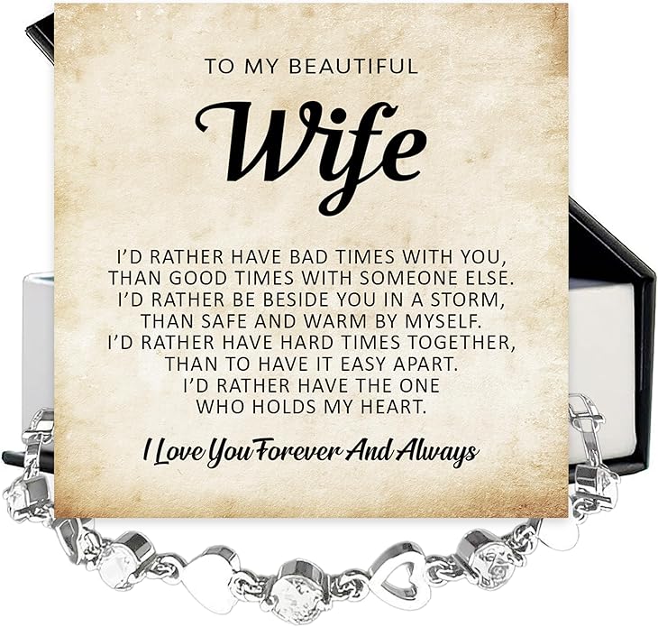To My Wife Crystal Heart Bracelet Gift From Husband, Beautiful Wife Jewelry For Anniversary, Birthday, Christmas, Valentine’s Day, Bracelet For Her With Heartfelt Message & Elegant Box