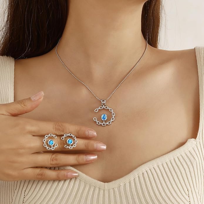 Ydou Elegant C-Shaped Crystal Necklaces/Stud Earrings Set with Birthstone Jewelry Set Silver Plated Fashion Jewelry for Women CS0003