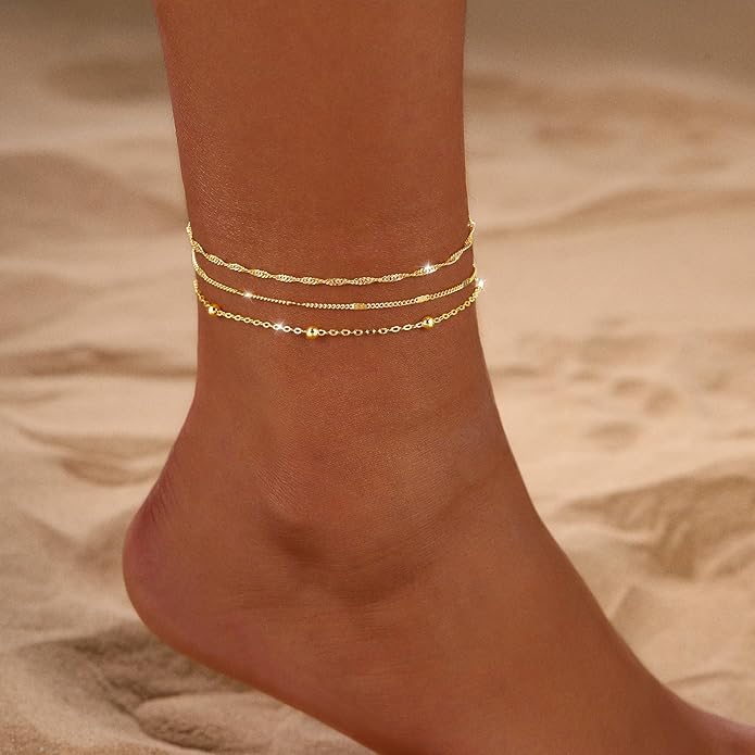 2/3 PCS Gold Anklets for Women Waterproof Cuban Link Anklet Beaded Bracelets Stackable Bracelets 14K Gold Plated Custom Jewelry Gifts Non Tarnish Lightweight