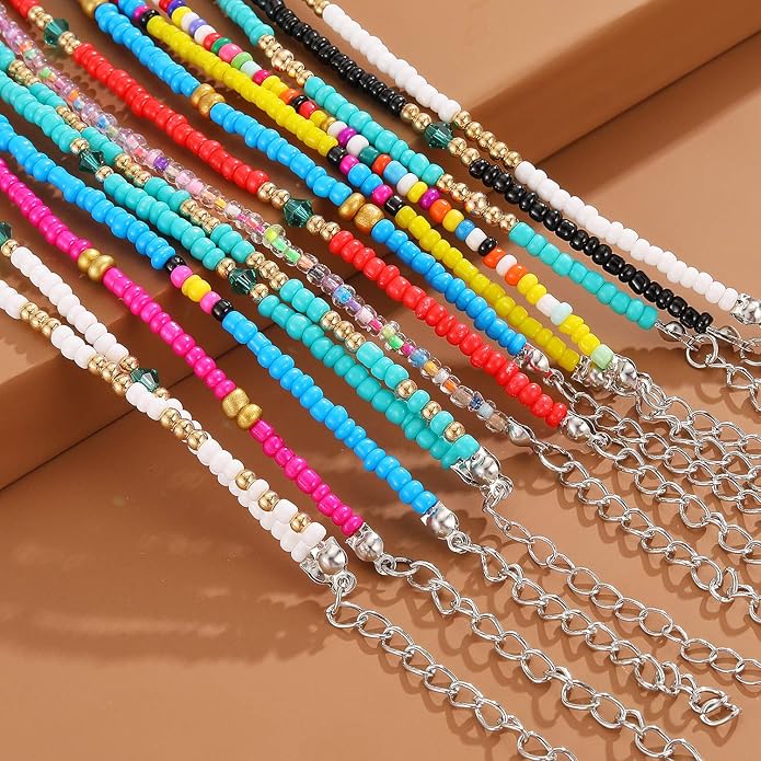XIJIN 8Pcs Handmade Beaded Anklets for Women Boho Colorful Beads Ankle Bracelets Adjustable Foot Anklet Set