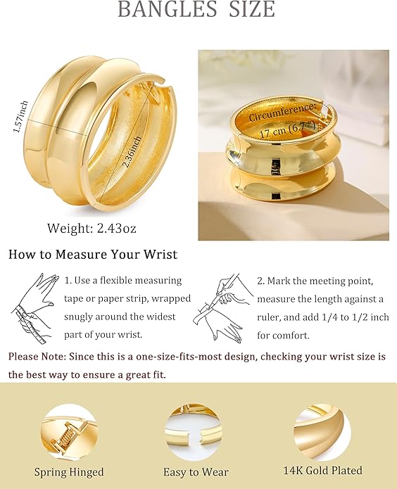 Bangle Bracelets for Women | 14K Gold Plated Trendy Wide Bracelets | Hinged Arm Cuff Bangles Chunky Bracelet for Women