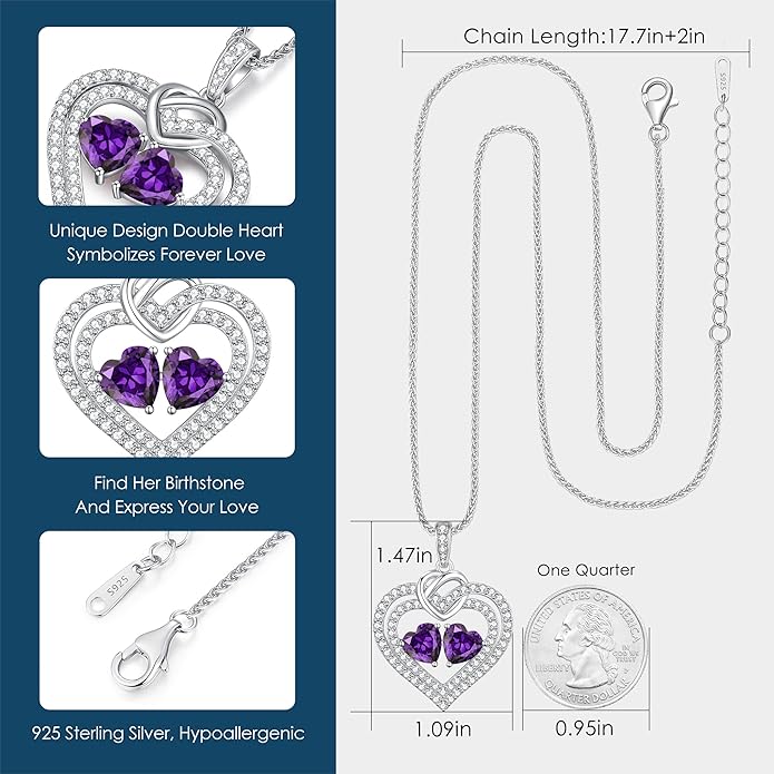 LOUISA SECRET Sparkling Double Heart Birthstone Necklaces for Women, 925 Sterling Silver Fine Jewelry, Pendant Heart Necklaces Birthday Anniversary Christmas Gift for Women Wife Mom Girlfriend Lady
